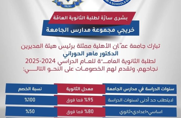 عمان الاهلية تبارك لطلبة مدارس الجامعة الناجحين في الثانوية وتعلن عن منحهم خصومات مجزية