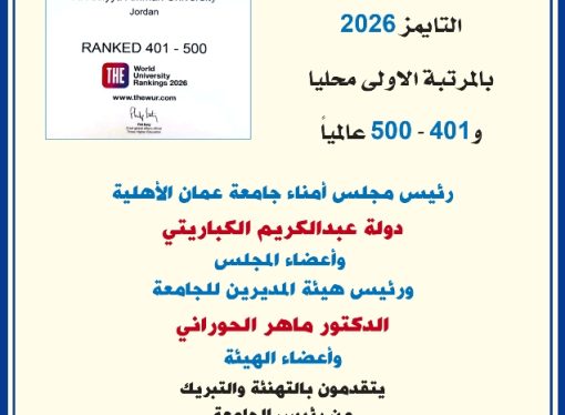 عمان الاهلية تهنىء أسرتها بمناسبة فوزها بتصنيف التايمز 2026 بالمرتبة الاولى محليا و401 – 500 عالميا