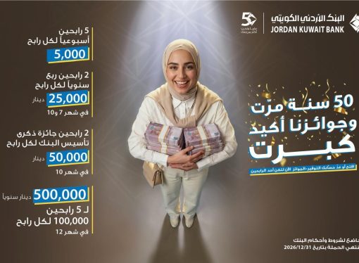 البنك الأردني الكويتي يطلق حملة جوائز حسابات التوفير – الجوائز لعام 2026  تحت شعار: “50 سنة مرّت وجوائزنا أكيد كبرت