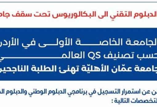 عمان الأهليّة تهنئ الناجحين بالثانوية العامة وتُعلن عن استمرار القبول والتسجيل بكلية التعليم التقني للفصل الأول 2026-2027