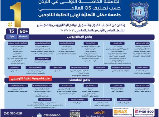عمان الأهليّة تهنئ الطلبة الناجحين وتُعلن عن استمرار القبول والتسجيل للبكالوريوس والماجستير للفصل الأول 2026-2027