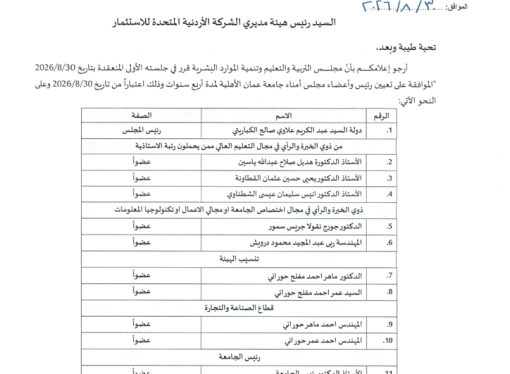 مجلس التربية والتعليم وتنمية الموارد البشرية يوافق على تعيين رئيس وأعضاء مجلس أمناء جامعة عمان الأهلية